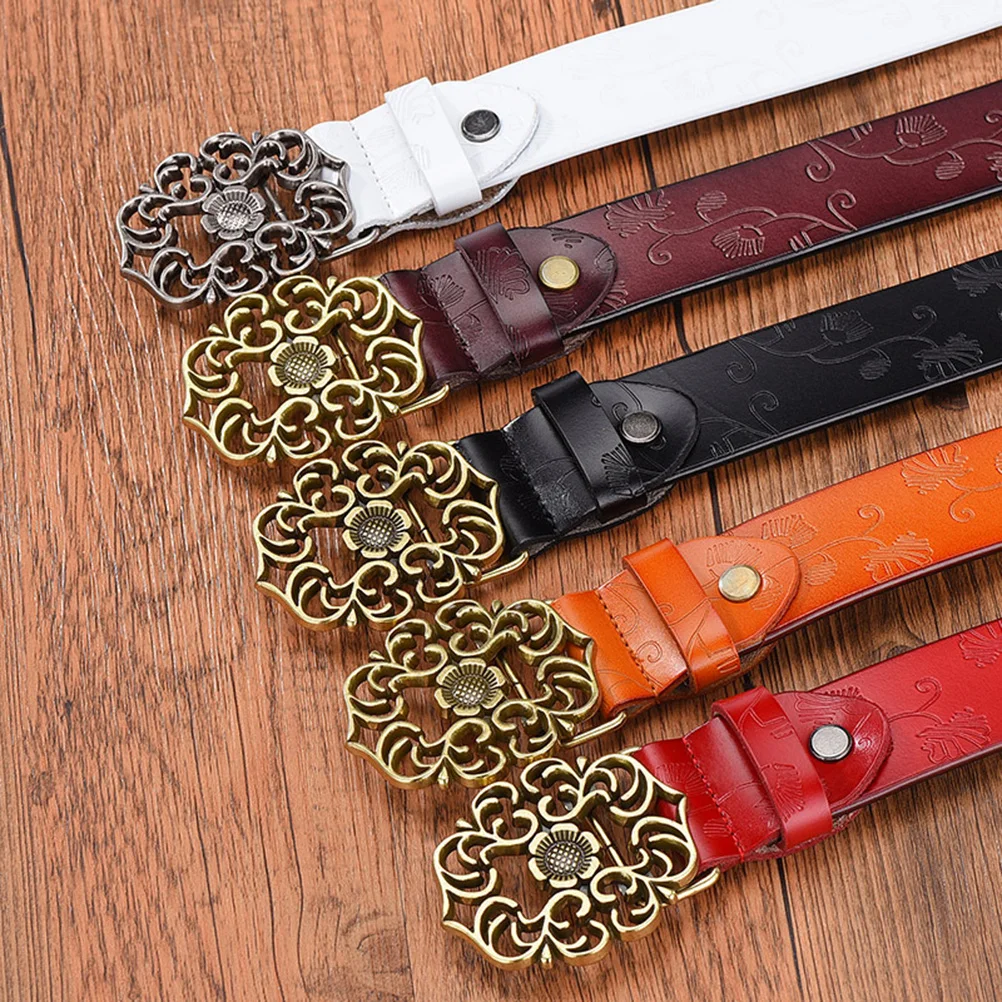 

Vintage Women 110Cm Wide Debossed Flower Pattern Classic Women Debossed Belt Waist Belt Flower Shape Buckle Red