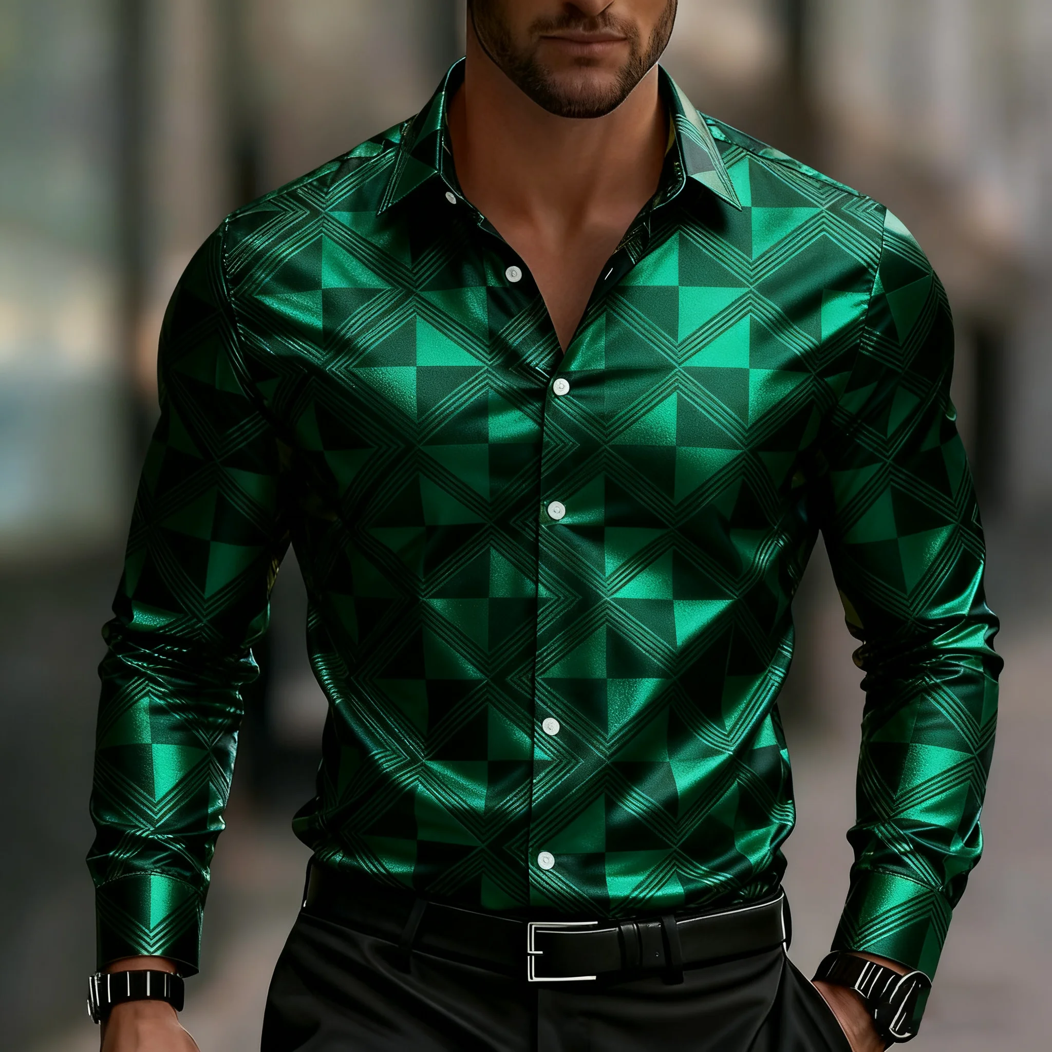 Men's long-sleeved geometric print shirt, stylish button-down shirt, modern triangle and stripe pattern for everyday wear.