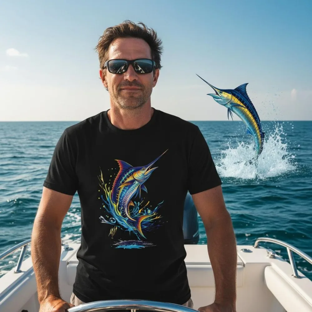 Marlin Fishing T-Shirt Vivid Ocean Graphic Tees Angler Gift Short Sleeve Classic Pattern Loose Tops O-neck Clothes