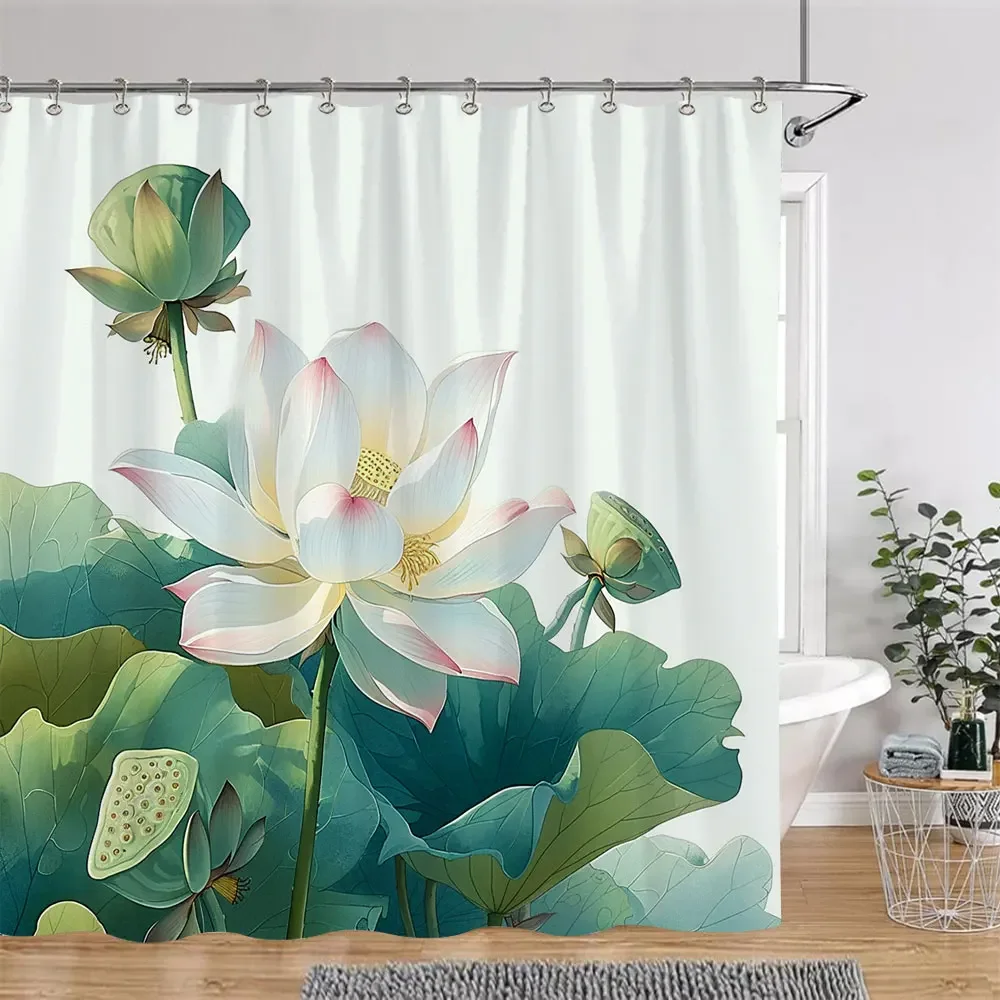 Lotus Flowers Shower Curtain Green Leaves Plant White Floral Chinese Style Home wall hanging Bathroom Curtains Decor with Hooks