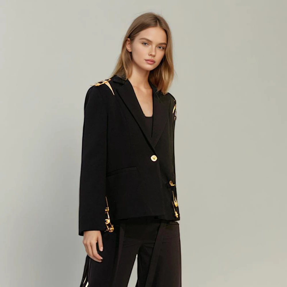 Hollow Out Spliced Metal Buckle Blazers For Women Notched Collar Long Sleeve Patchwork Single Button Blazer Female New