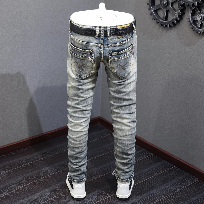 Fashion Designer Trendy Men Jeans Retro Washed Blue Elastic Slim Fit Ripped Jeans Men Trousers Vintage Casual Denim Pants Hombre