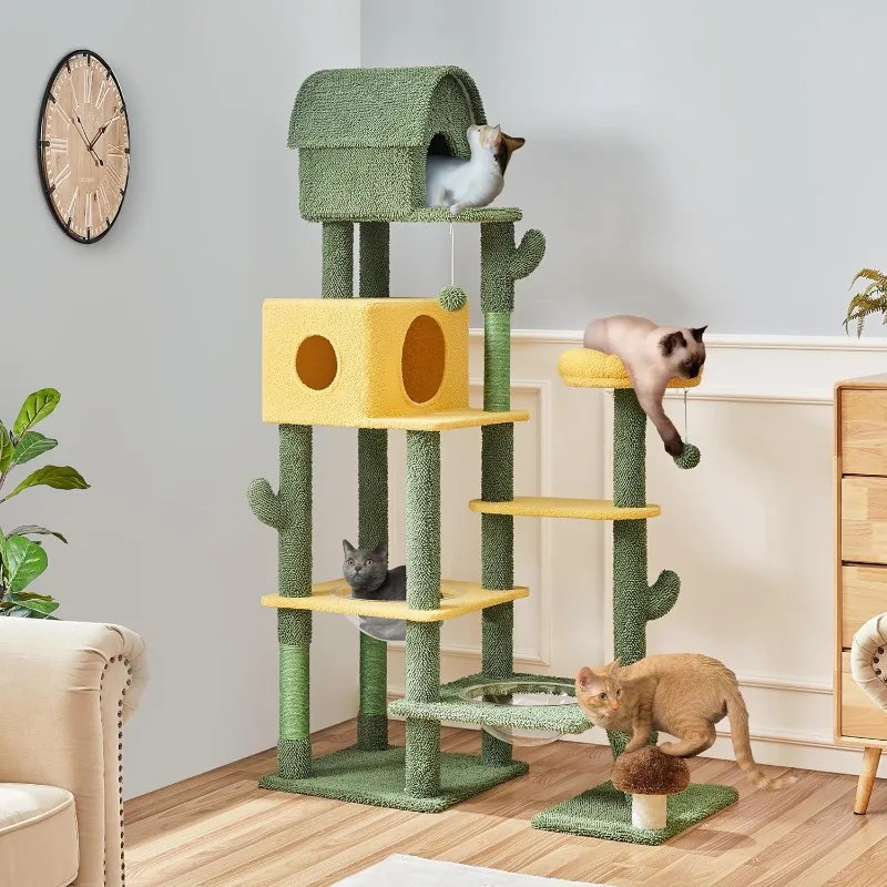 Cactus Cat Tree, Large Cat Tree for Indoor Cats, Multi-Level Cat Tower with 2Large Condo, Scratching Posts, 2Acrylic Clear Bowls