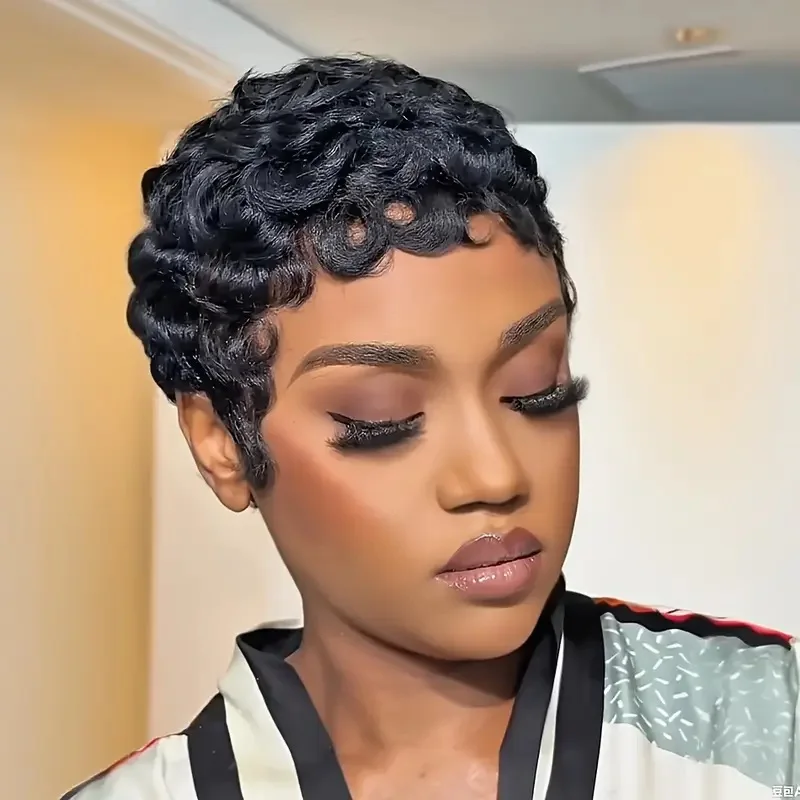 Remy Short Chioma Wavy Pixie Curl Human Hair Machine Made Wig For Black Women