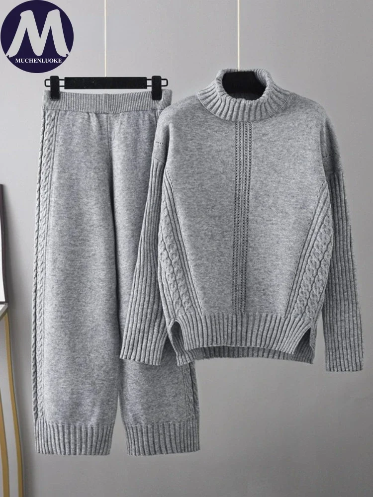 Turtleneck Knit Sweaters and Coats Set for Women, Casual Loose Coats, Elastic Waist, Wide-leg Pants Sets, Autumn, Winter, 2 Pcs