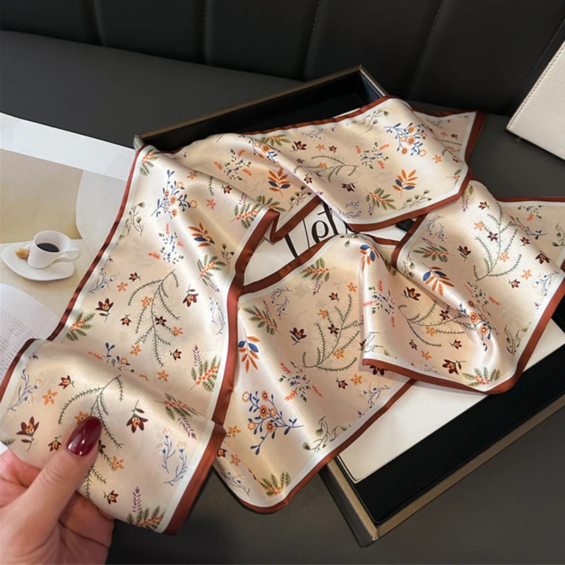 Long Silk Scarf Bag Tie Lady Neck Skinny Scarves Hairband Foulard Flower Print Brand Lady Neckerchief Ribbon Spring New