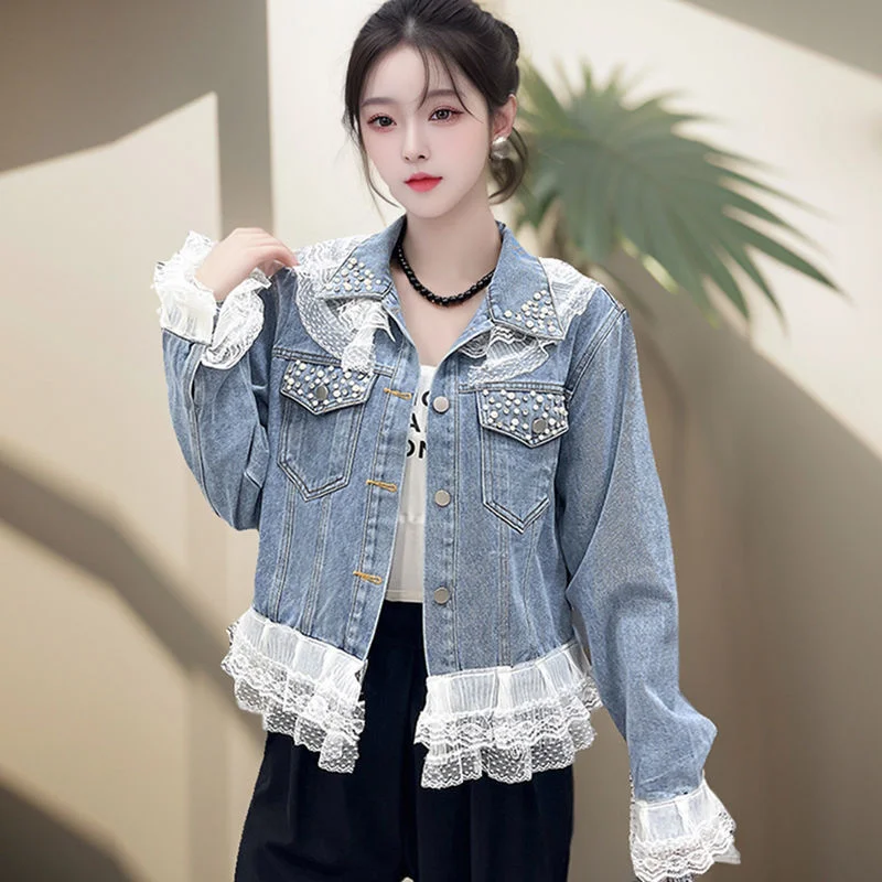 Women Denim Jacket 2025 New Fashion Design Lace Patchwork Spring Autumn Casual Jeans Coat Outerwear Top Large Size 5XL