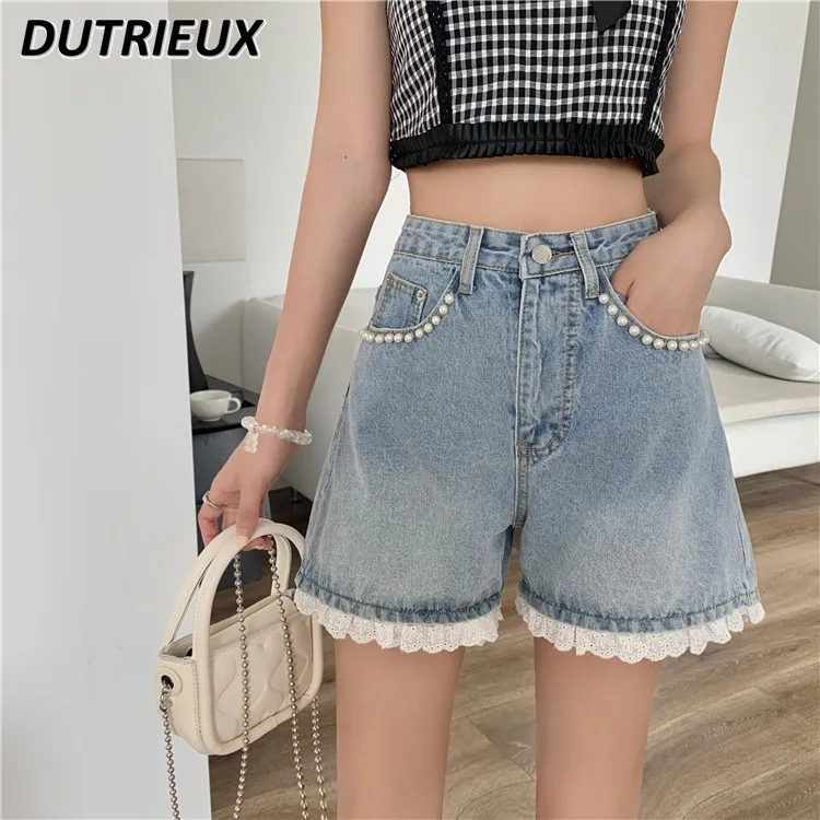 

Design Sense Niche Stitching Lace Ruffled High Waist Denim Shorts Women's Summer 2024 New Loose Sweet Wide Leg Short Pants