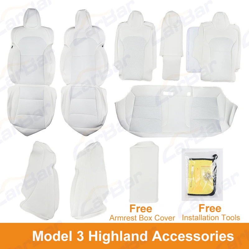Carbar Full Set Car Seat Covers For Tesla Model Y 3 Highland Nappa PU Leather Front Rear Seat Cover  Interior Accessories