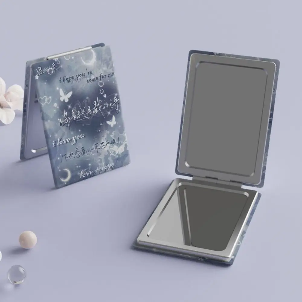 Specchio per trucco pieghevole in PU Specchio cosmetico pieghevole bifacciale pieghevole Specchio tascabile rettangolare con farfalla rosa blu