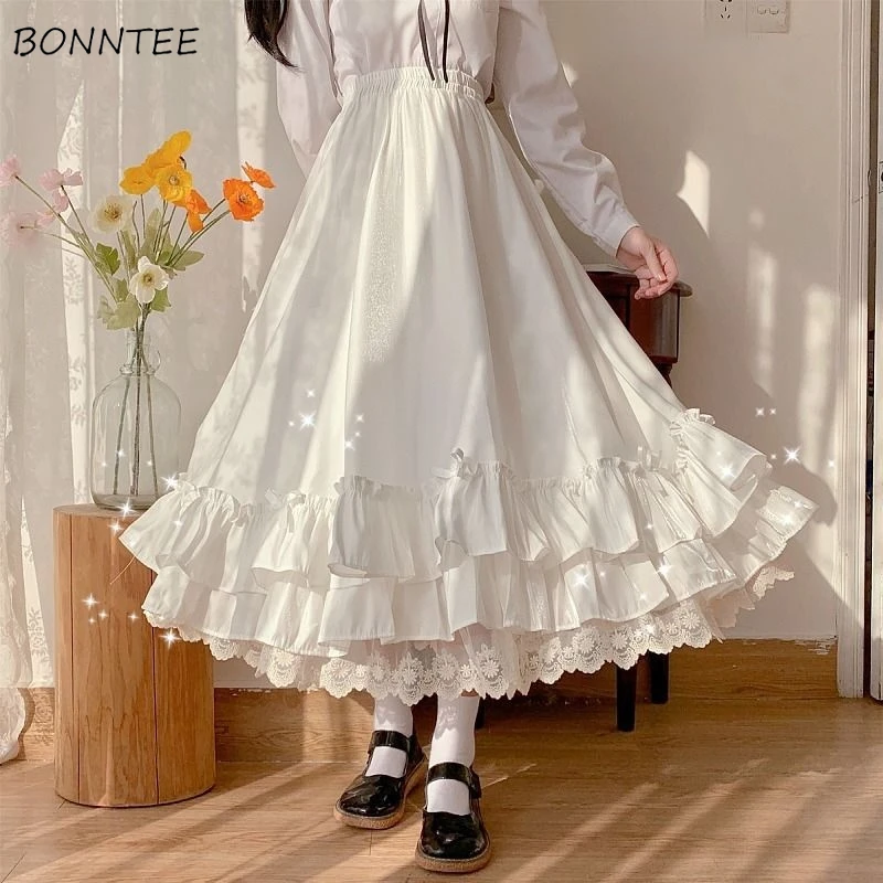 

Skirts Women Sweet Wave Cut Students A-line Elastic Waist Japanese Lolita Kawaii Streetwear Causal Ankle-Length Popular Retro