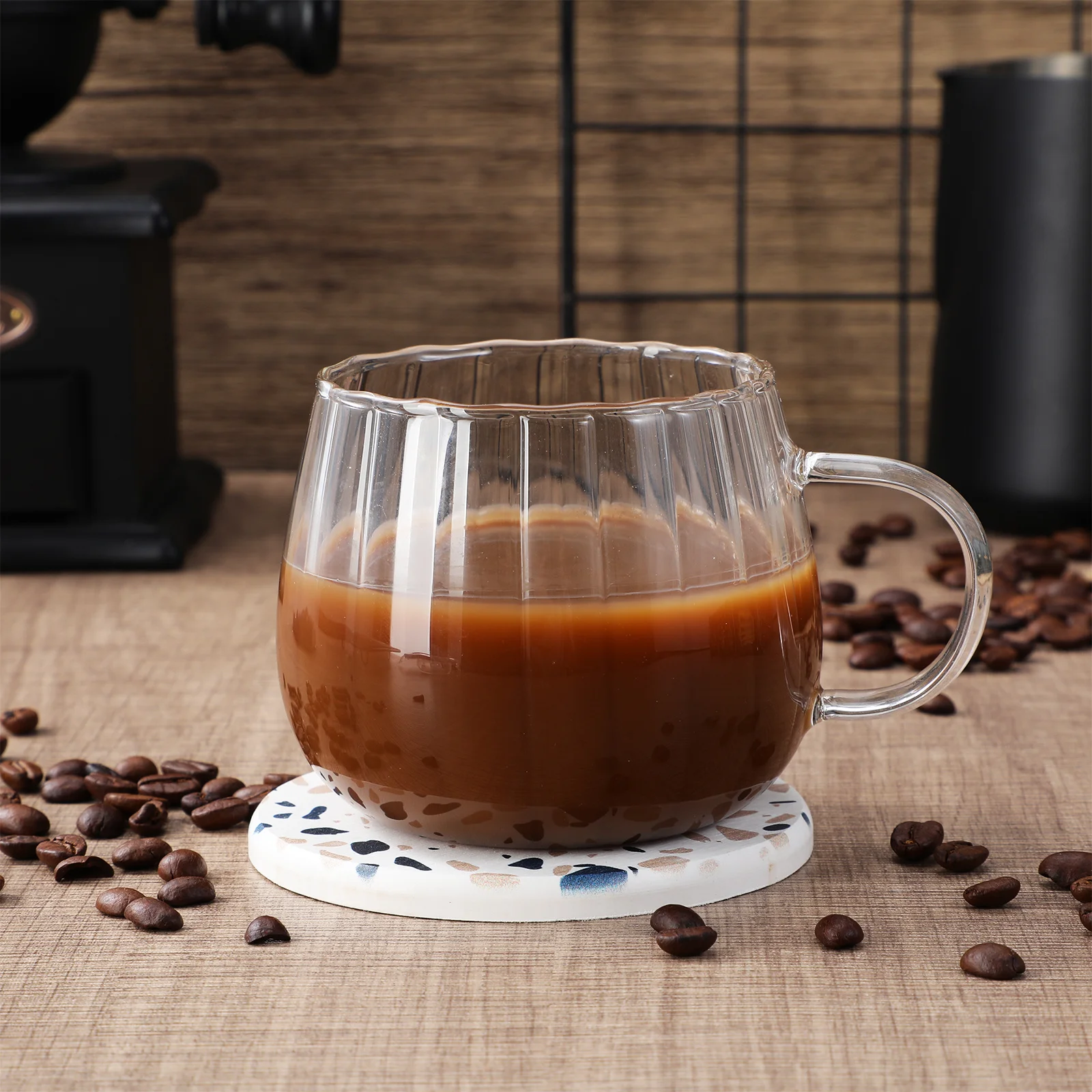 

Clear Glass Coffee Cup with Handle Vertical Stripe Design for Coffee Tea Milk Juice Drink Breakfast Glass Milk Cup