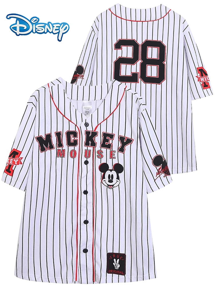 

Disney Mickey Mouse Letter Striped Cartoon Print Embroidery Casual Women V-Neck Single-breasted Baseball Jersey Quick-dry Tops