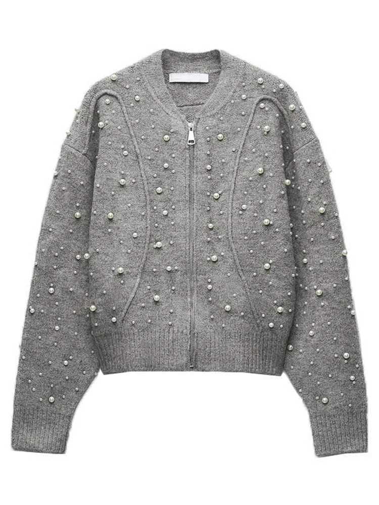 TRAF Women\'s Grey Zip Sweater Cardigan Fashion Faux Pearl Embellished Knit Jacket Vintage O Neck Long Sleeve Women\'s Knit Jacket