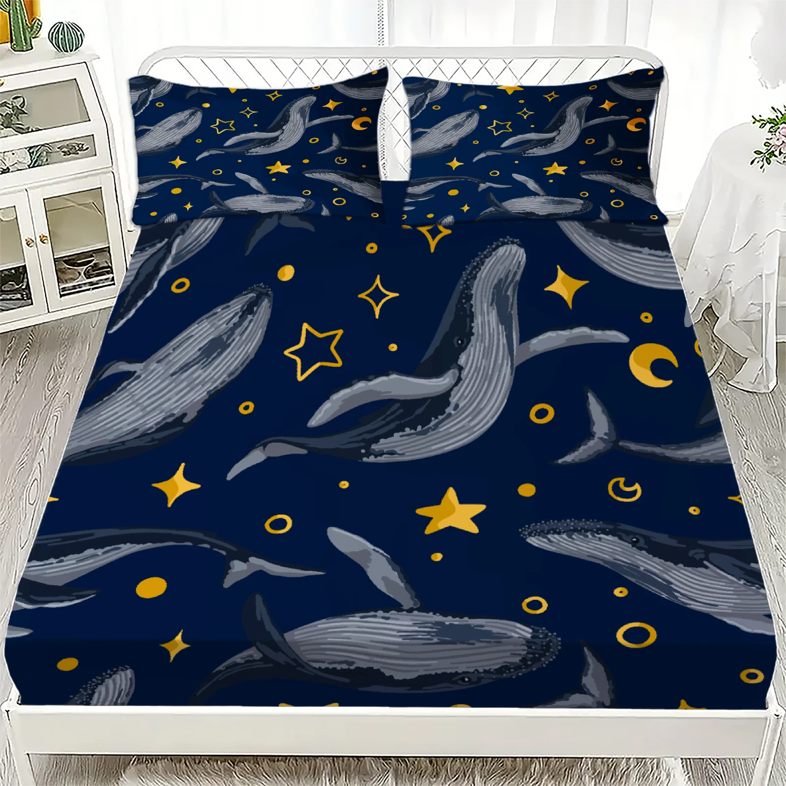 3pcs Fitted Sheet Set Watecolor Style Room Decor Whales Stars Moons Circles Dots Printed Polyester Bed Sheet With 2 Pillowcases