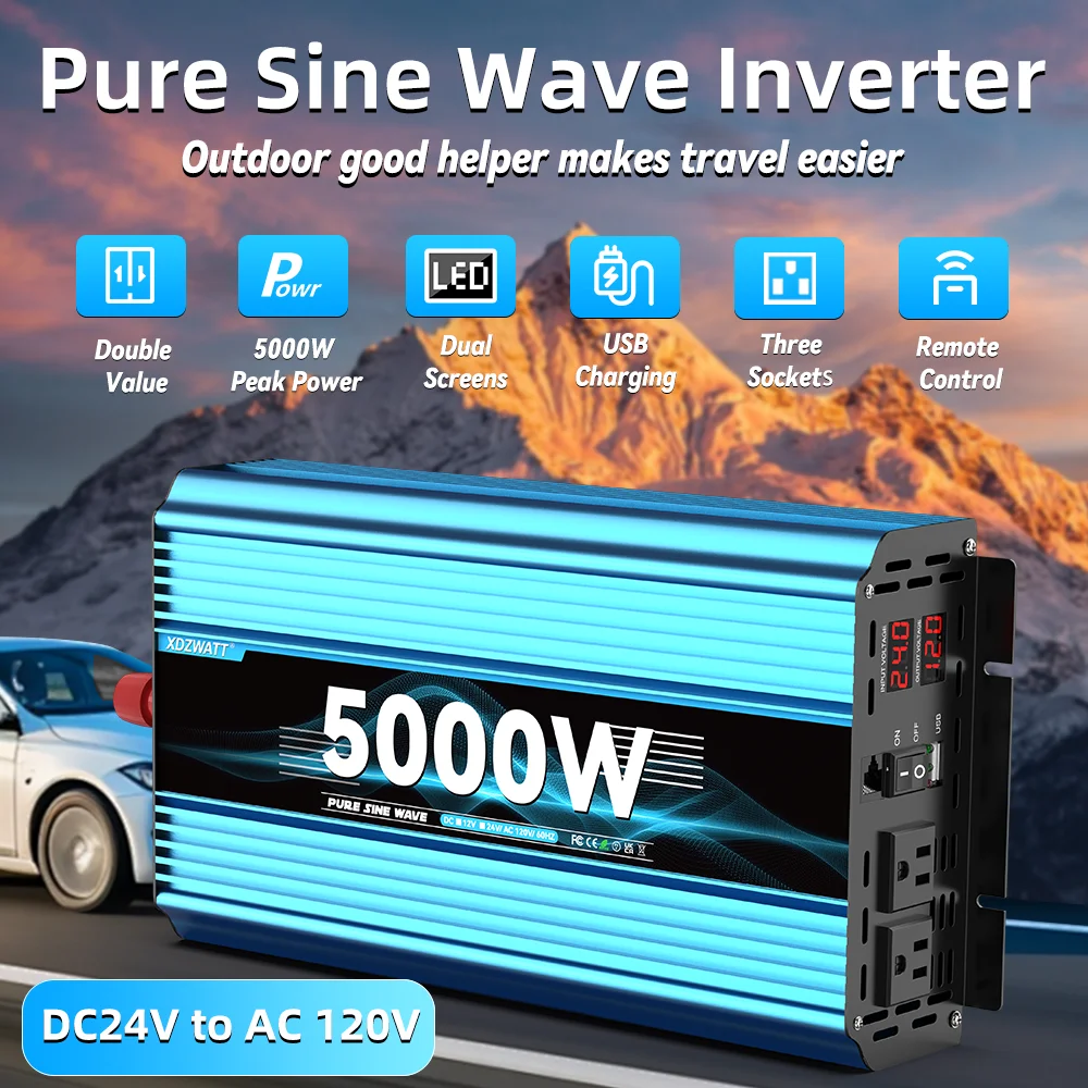 Inversor 12V 24V to 120V Pure sine wave Off Grid Power Inverter 5000W Dc to Ac For Solar Panel Camping Outdoor With Remote Ctrl