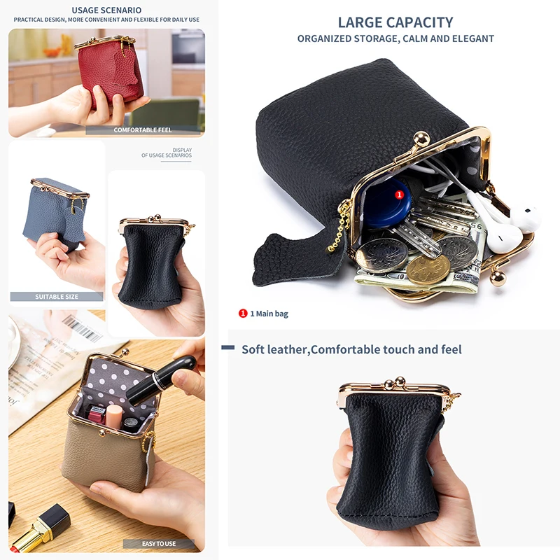 2024 New Arrival Square Genuine Leather Small Purses Women\'s Portable Coin Money Wallets Earphone Lipstick Pouch Card Holders