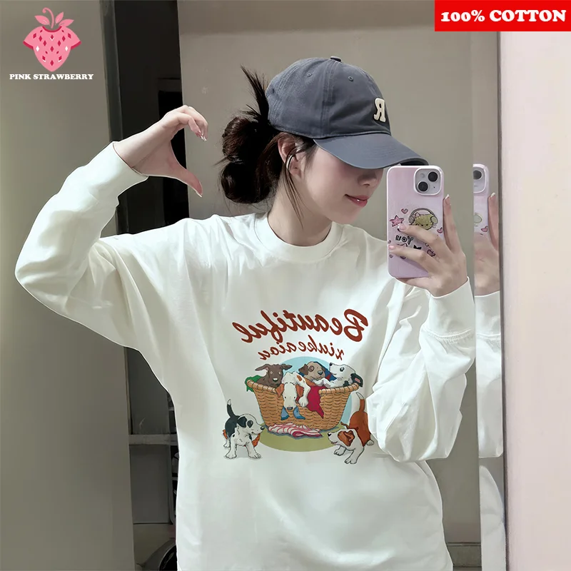 

Animal Cartoon Print T-shirt Women Autumn Winter 2025 New 100% Cotton American style T-shirt Casual Loose Y2k Top kawaii clothes