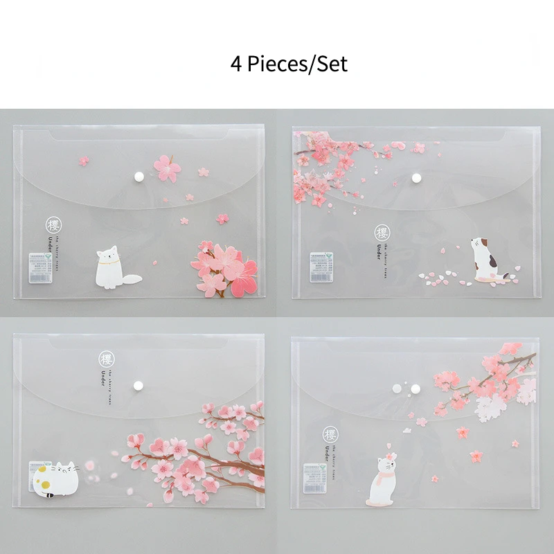 4 Pieces/Pack Of A4 Transparent Bags Folders File Jackets Snap On File Pockets Pink Sakura Pattern