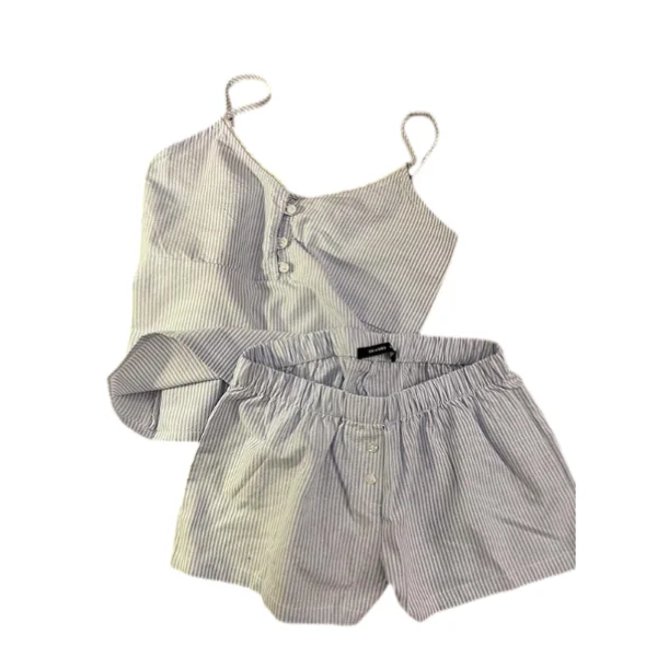 طقم ملابس نوم نسائي صيفي جديد بتصميم ياباني، قميص نوم بحمالات ملونة وشورت كاجوال، ملابس منزلية برقبة على شكل V #5