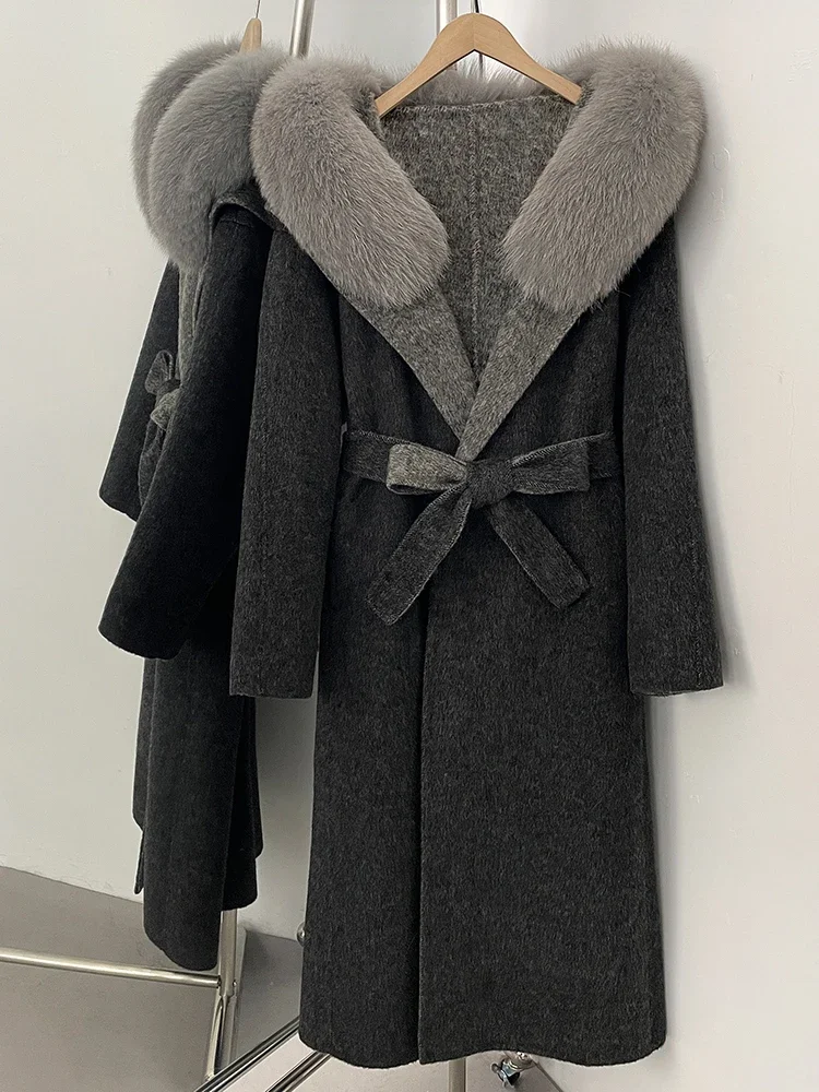 

Women Belt Long Sleeves Real Fox Fur Woolen Jacket Fahsion Long Hoohed Autumn Winter Clothes Female New 100% Wool Coat