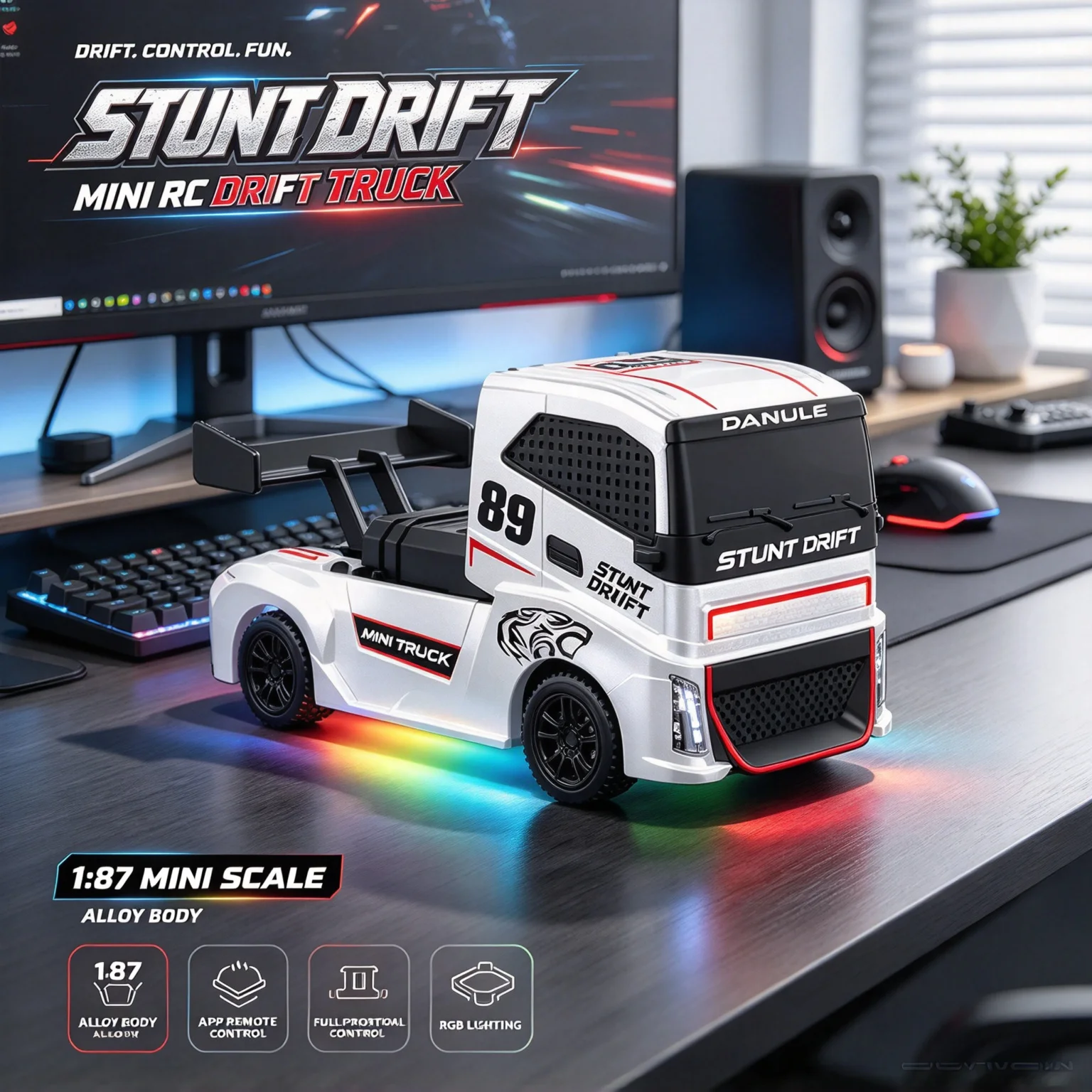 1/87 RC semi truck, alloy shell supports app remote control four-wheel drive drift racing desktop model, mini car toy gift