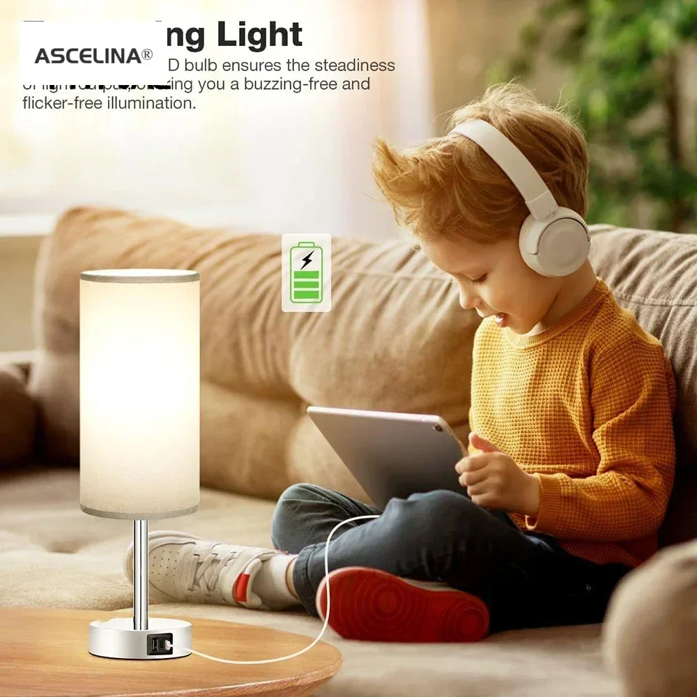 

Modern Table Lamps Faux woodgrain fabric shade Dual USB ports bedside touch 3-speed dimmable table lamps Study living room table