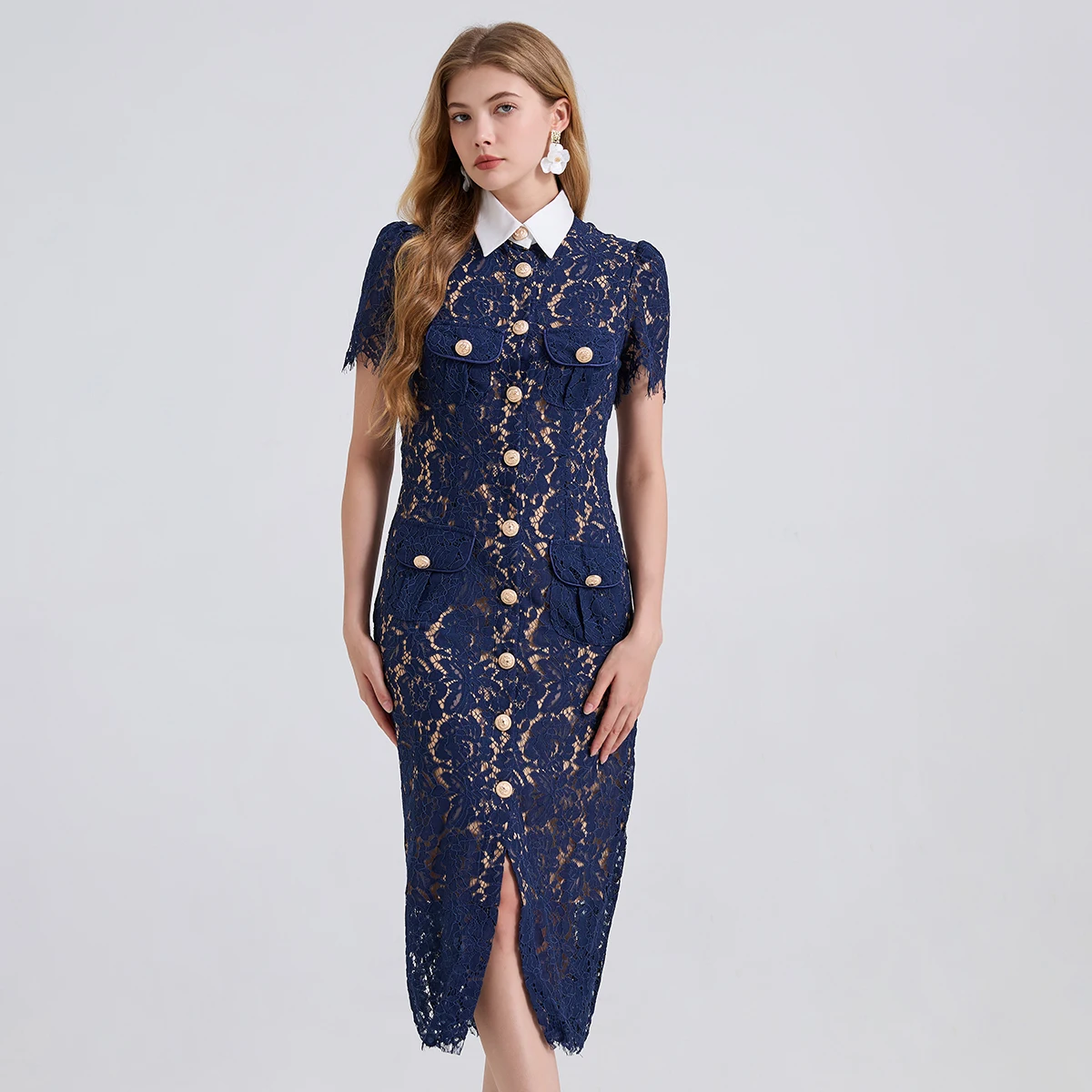 Formal Luxury Evening Long Dresses Women Summer Autumn White Peter Pan Collar Hollow Out Blue Pencil Embroidery Lace Dress Party