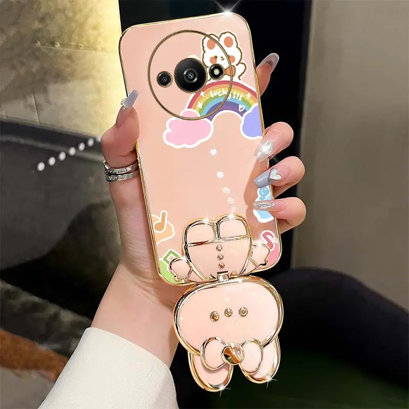 A3 Music Rabbit Holder Plating Phone Case For Xiaomi Redmi A3 Shatterproof Camera Protection Redmi A3 Thin Soft Back Cover