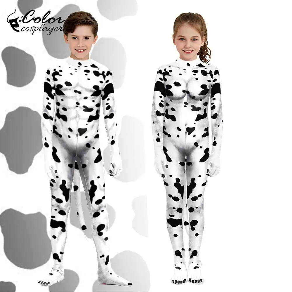 

Children Kawaii Cute Cow Print Halloween Cosplay Costume for Boys Girls Catsuit Party Long Sleeve Jumpsuit Funny Kids Clothes