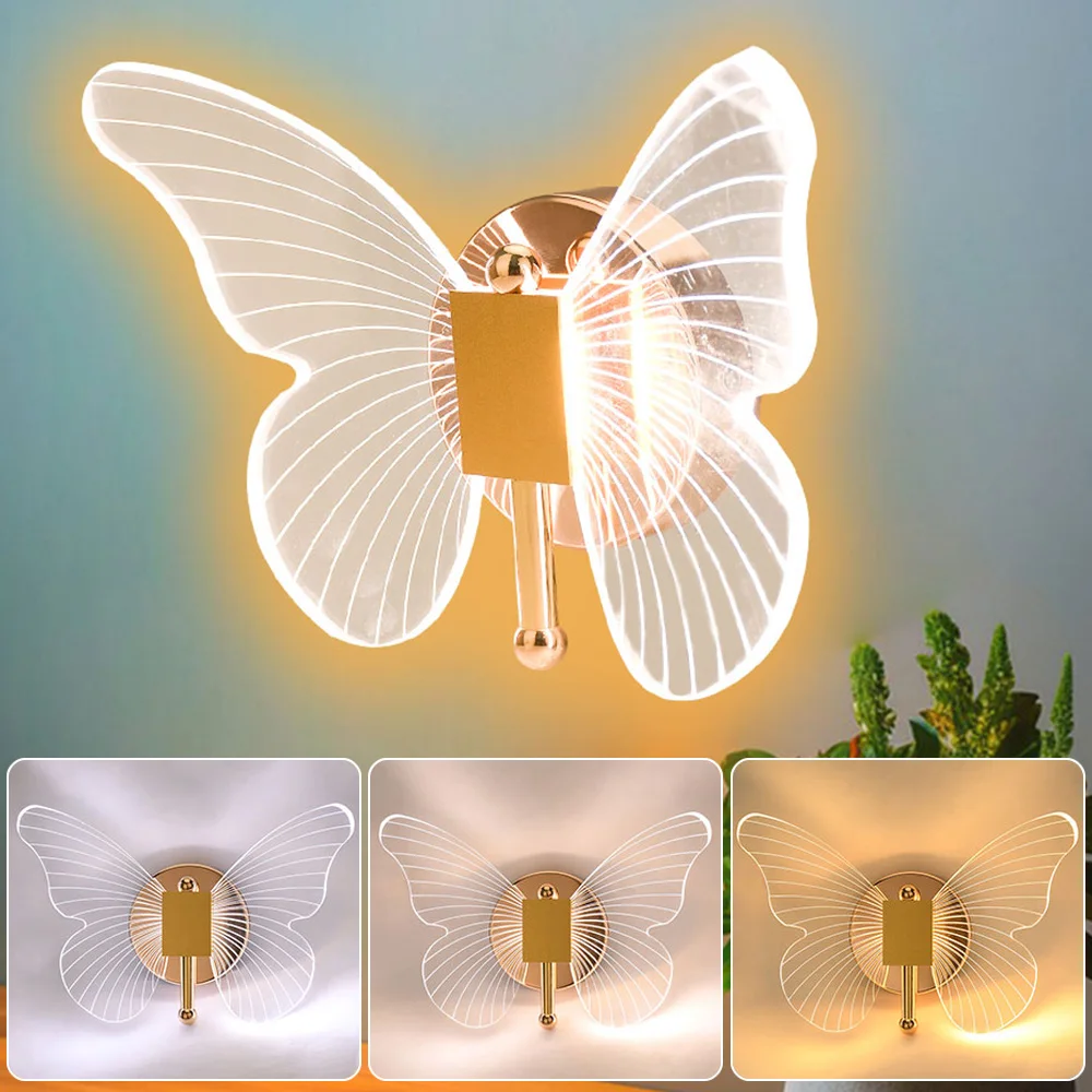 

Butterfly LED Wall Lamp Modern Metal Acrylic Indoor Wall Lamp Tricolor Adjustment Bedroom Bedside Lights Sconces Home Decor