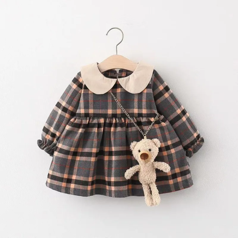 Spring and Autumn Girls Cute Bear Satchel Checkered Lapel Princess Baby Long-sleeved Dress