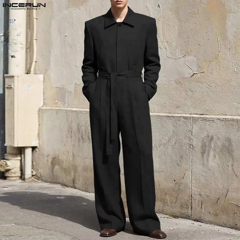 Men Jumpsuits Solid Color Lapel Long Sleeve Casual Male Rompers With Belt INCERUN Streetwear Loose 2026 Fashion Overalls S-5XL