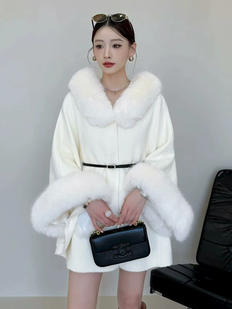 Women Autumn Winter New Elegant Socialite Shawl Chic Belt Slim Loose Short Wool Coat High-end Fashion Fur Collar Cape Wool Coat