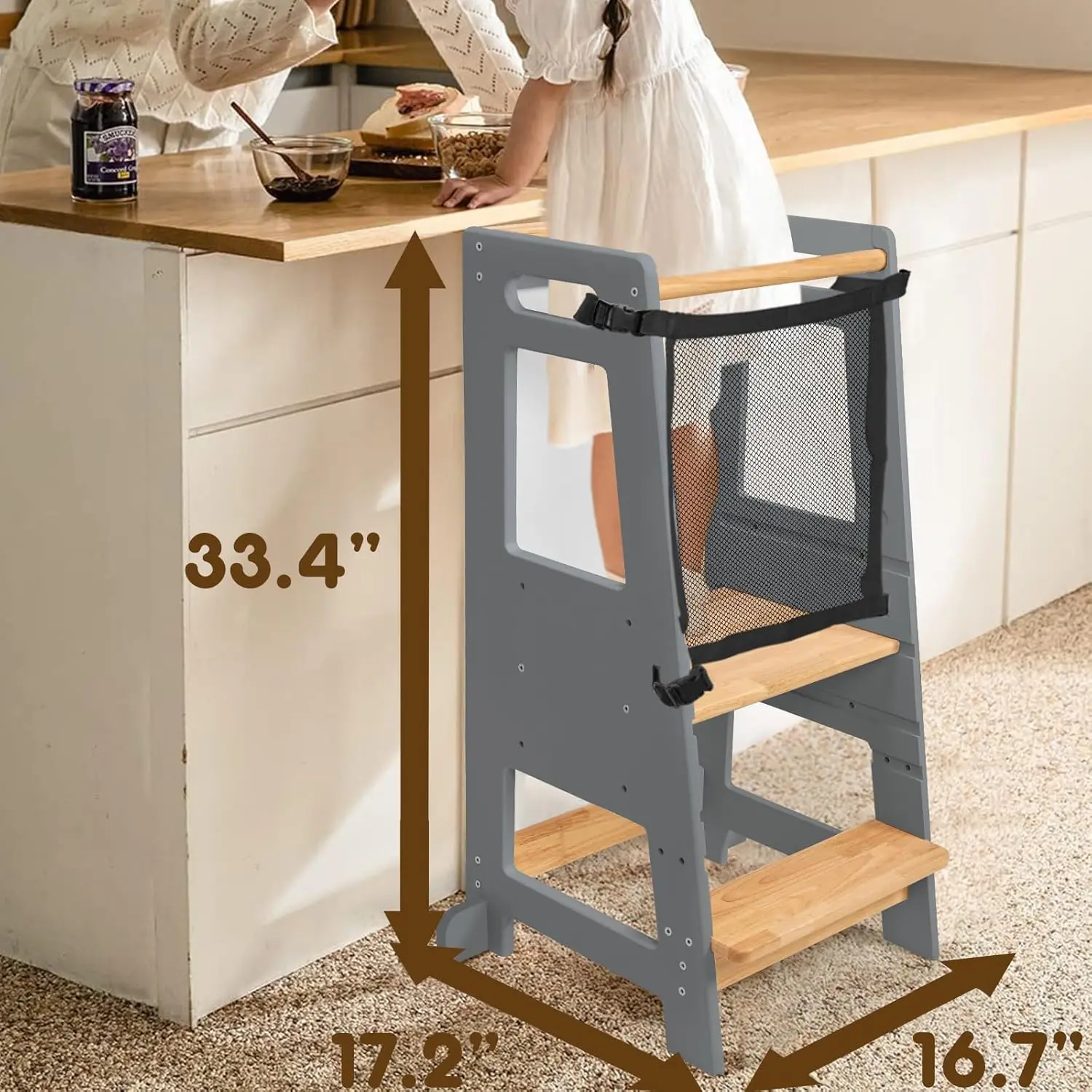 Sgabelli da cucina Helper con 3 altezze regolabili e protezione antiscivolo, torre in piedi per bambini con binario di sicurezza, Mont per bambini