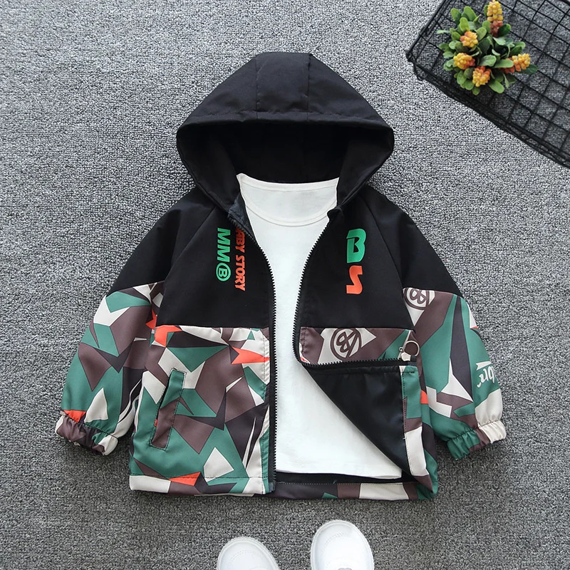 Boys Hooded Jackets Spring Autumn Kids Zipper Thin Windbreaker Coat Casual Print Punching Outerwear Children Clothes 2-8 Years