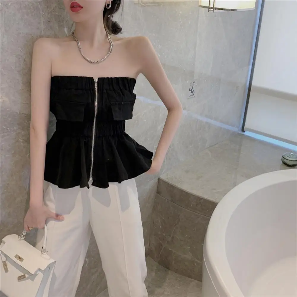 Summer Sexy Zipper Solid Color Breast Wrap Camisole Women Clothing Simplicity Pleated Slim Elasticity Top Tee Femme Refreshing