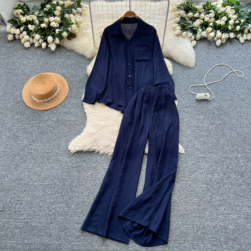 

Lazy Style Women Wide Leg Trouser Suits Solid Color All Match Pocket Design Shirt Match High Waist Long Pant 2 Pcs Set