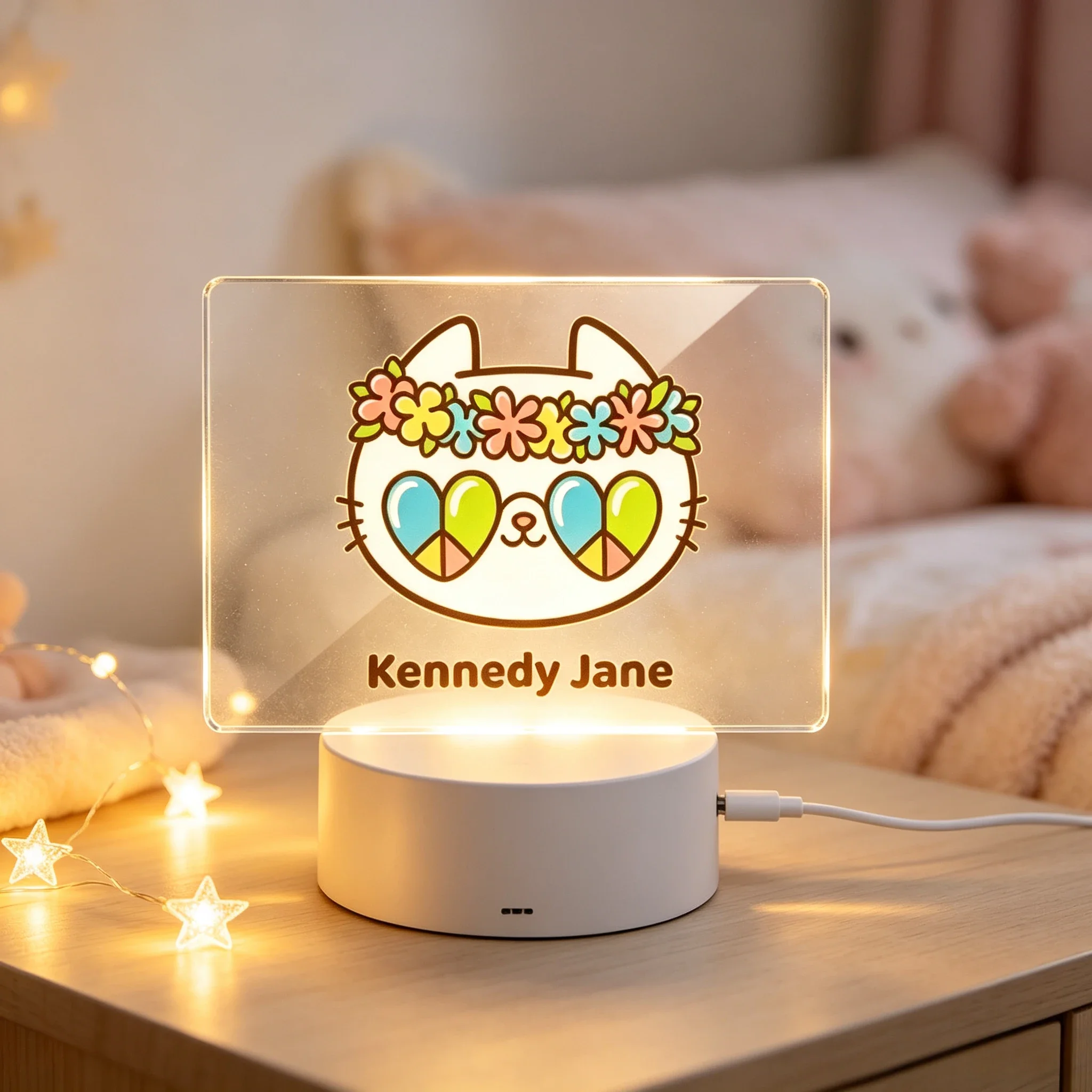 Custom Name LED Acrylic Night Light, Cute Cat With Flower Wreath Heart Sunglasses USB Touch Lamp Kids Bedroom Gift
