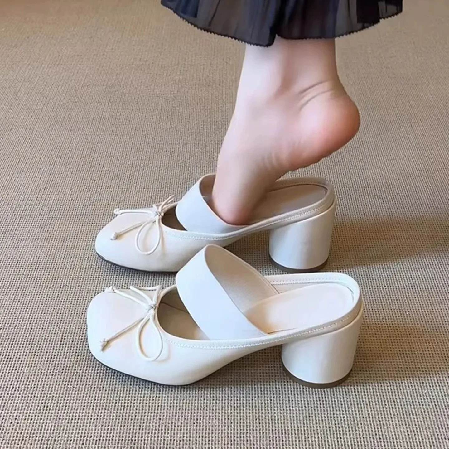 Chaussures pour femmes, style vintage, style ballet, avec nœud, bout fermé, à enfiler, talon bloc, sandales peu profondes, chaussures pour femmes