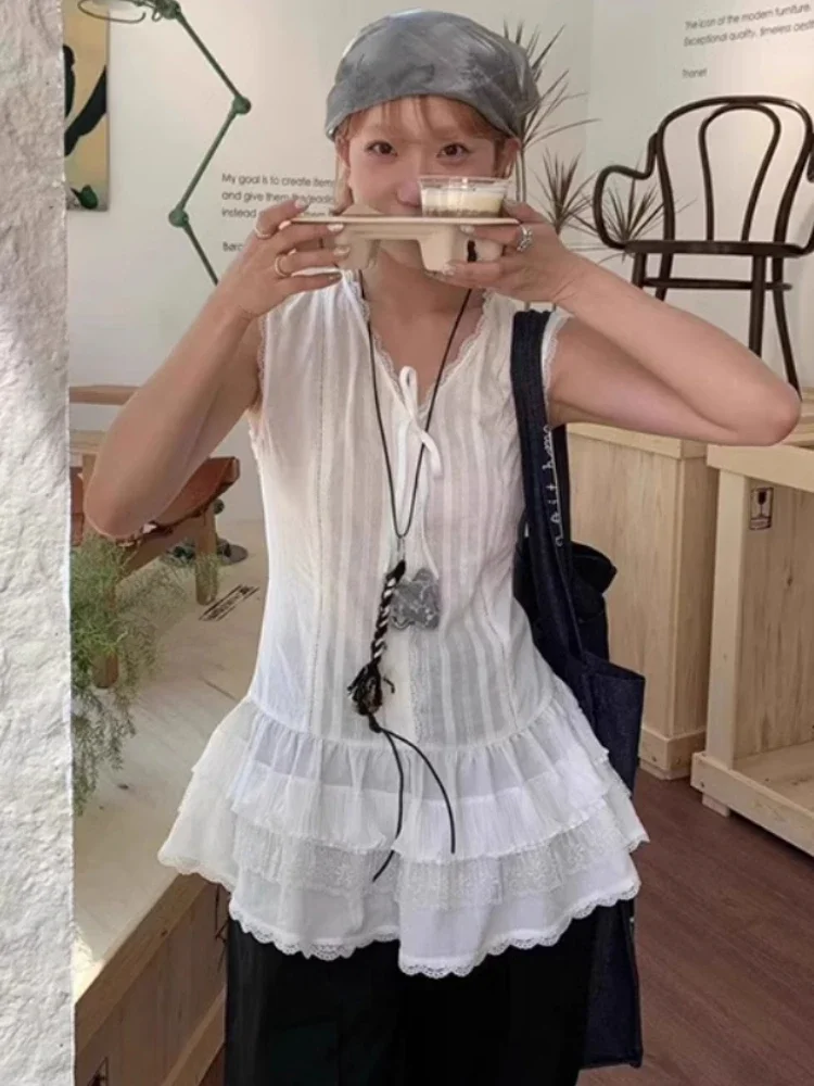 Verão doce rendas retalhos solto colete feminino grunge bonito sem mangas y2k estética topos harajuku bandagem arco tanque topo vintage