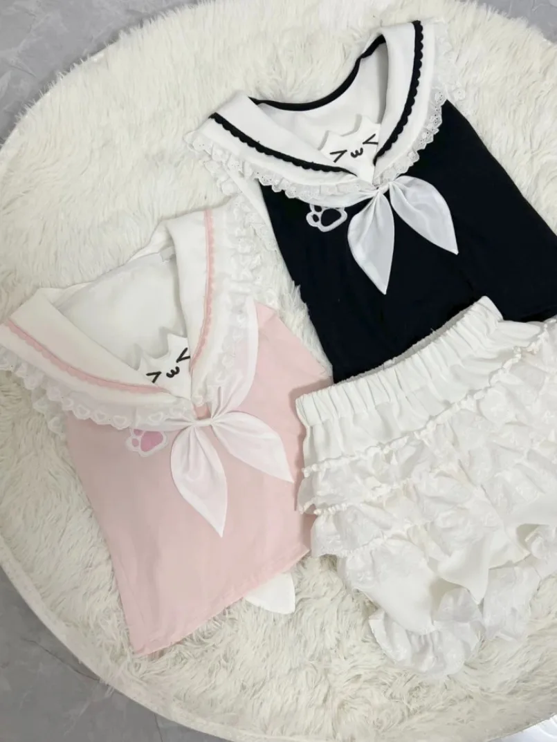 Japanese Kawaii Cat Cartoon Cute Y2k Aesthetic Lace Tops Patchwork Slim Crop Tees Grunge Contrast Color Vintage Fairy T-shirts