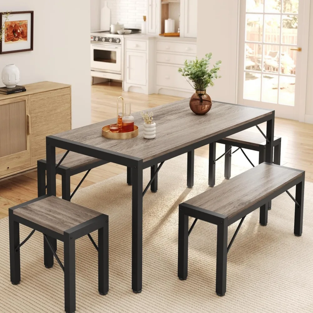 

63" Dining Room Table Set for 6, Kitchen Table with 2 Benches and 2 Stools, Dining Table Set with Metal Frame