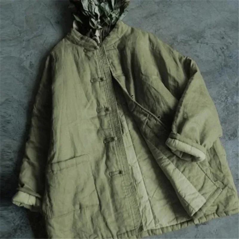 2025 جديد سترة قطن الصلبة غير رسمية المرأة الرجعية معطف دافئ فضفاض الشتاء الوقوف طوق مشبك ملابس خارجية