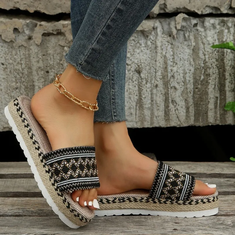 Woven Women's Slippers Summer Shoes 2024 New Casual Platform Sandals Bohemian Handmade Women's Plimsolls Plus Size 36-43