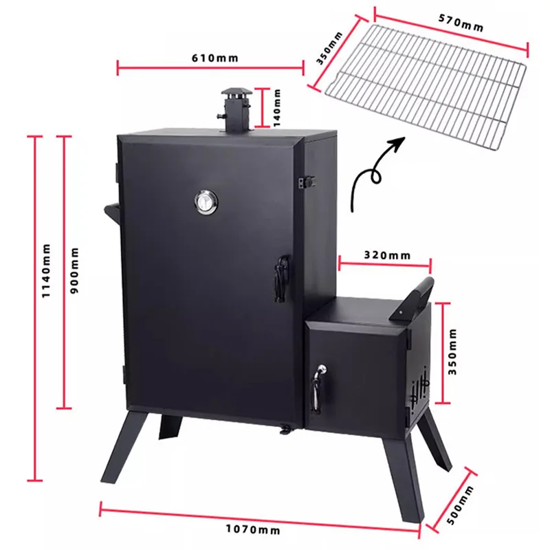 

Печь для курения 1890BDC, широкий корпус, вертикальная смещенная угольная коптильня, черный, нержавеющая сталь, грили для барбекю, дрова/уголь