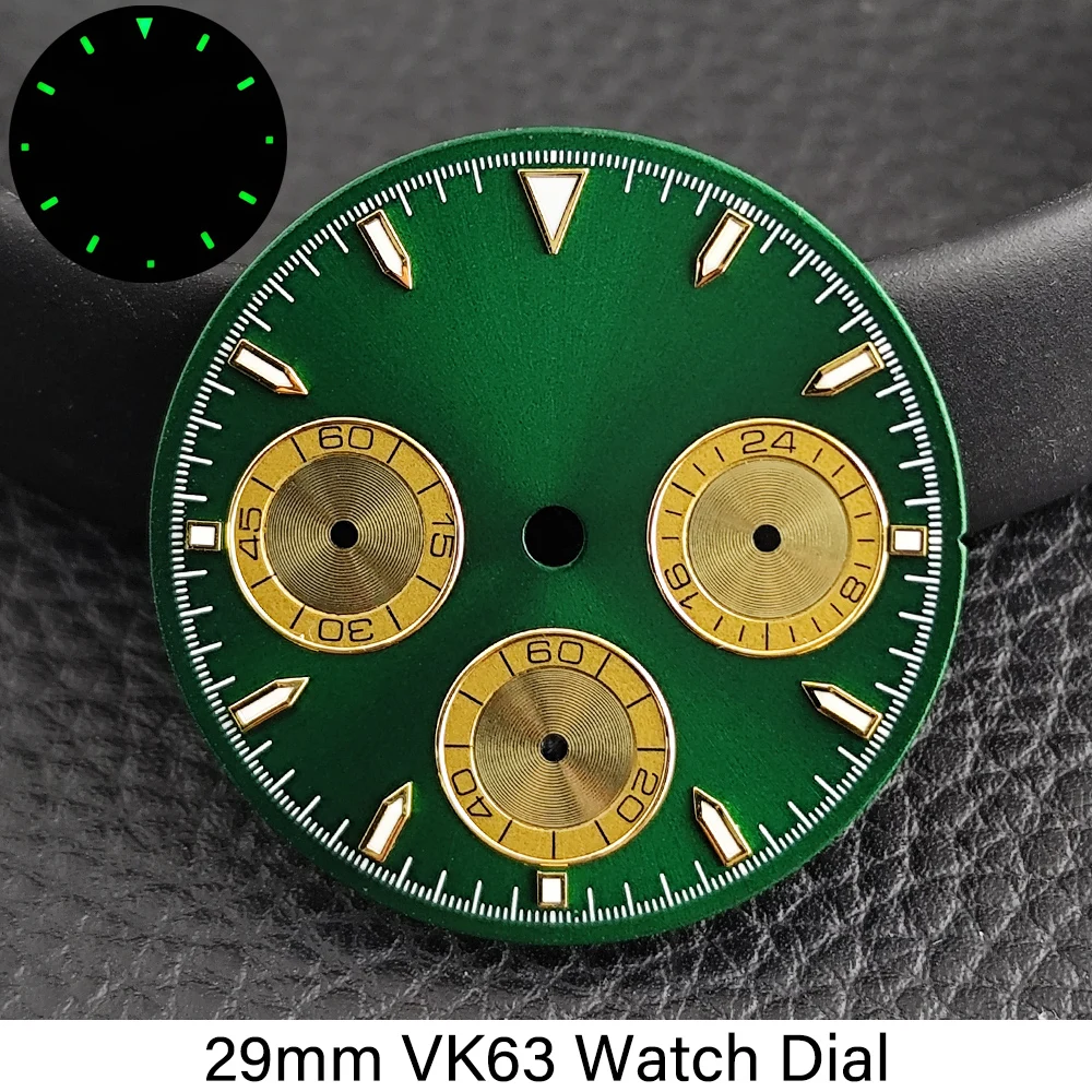 Hochwertiges VK63 Zifferblatt 29mm Grün Leuchtendes Uhrenzifferblatt Passend für VK63 Quarzwerk Uhrenzubehör VK63 Zeiger Uhren für Herren – Detail 6
