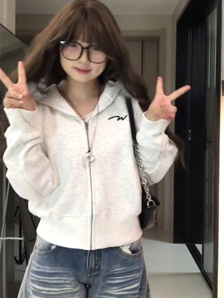 Americano retro ort gola de pele jaet feminino outono inverno thiened solto com capuz zíper cardigan camisola