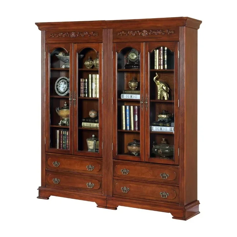Antique hand-carved wooden double-door bookcase glass door display