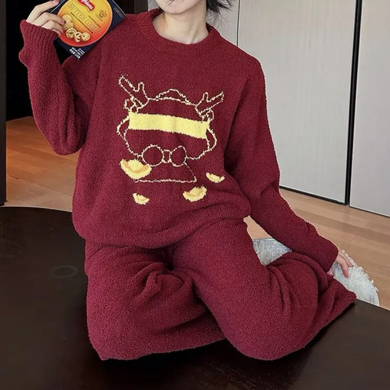 Red Pajamas Women's Autumn and Winter New Plush Half-edge Plush Warm Homewear Casual Wear Two-piece Suit Comfortable and Simple